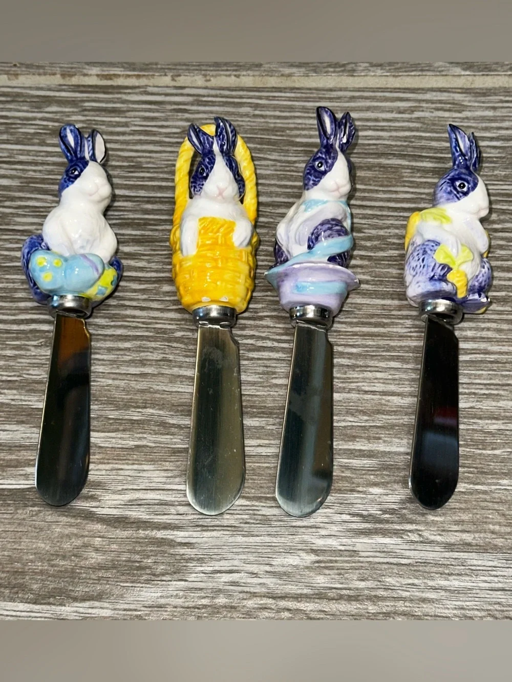 Easter Bunny Cheese Butter Spreaders Set/4 Basket Eggs Handles Stainless Steel